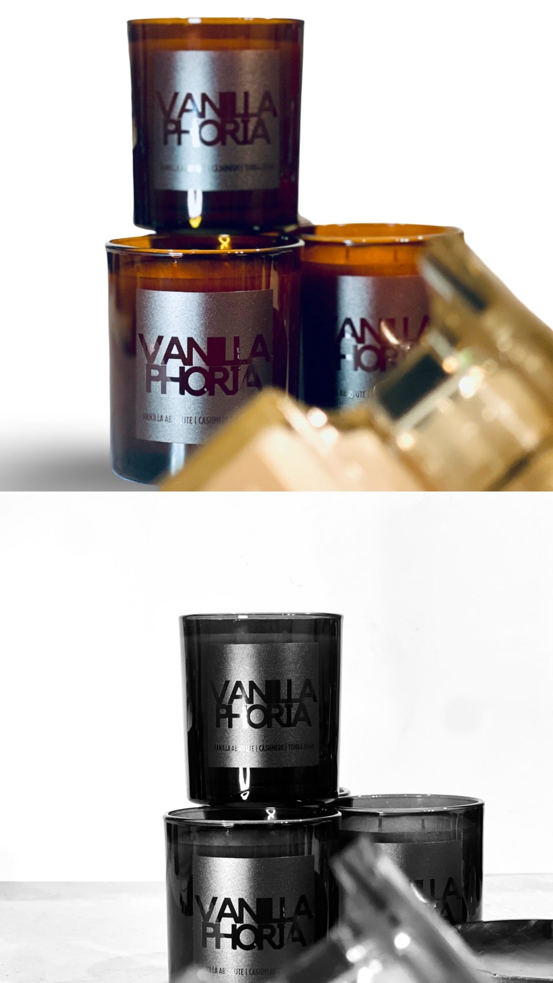 Vanillaphoria candles in amber and black packaging on a white background